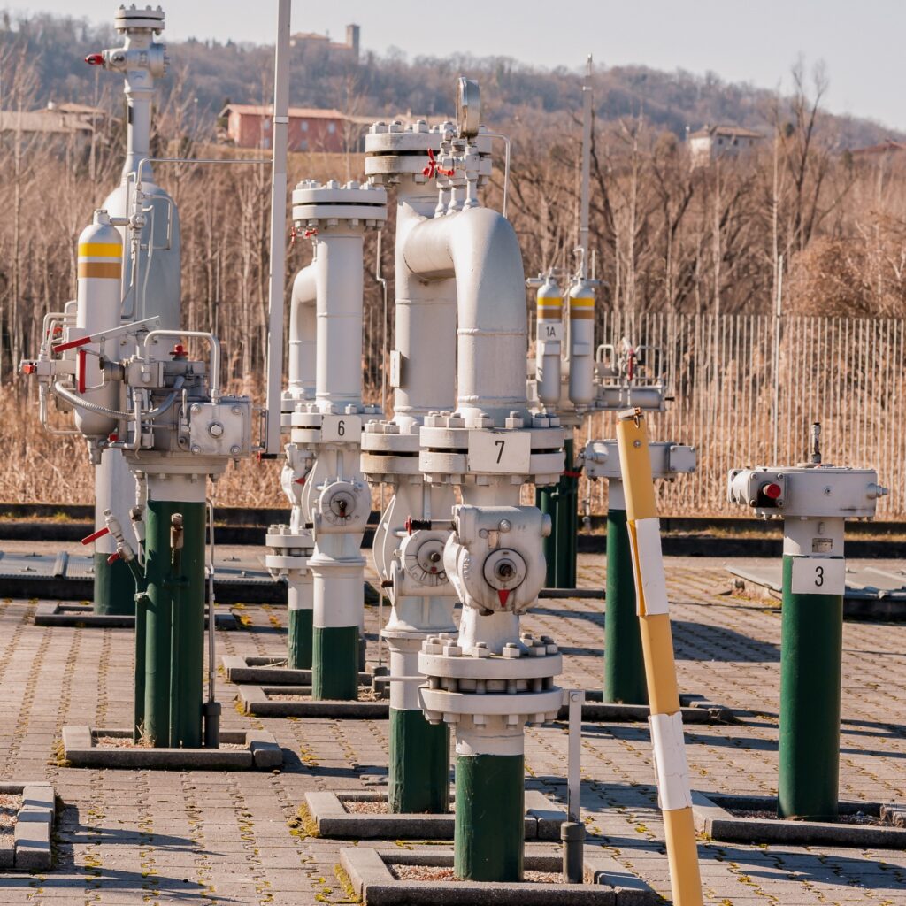 Control station and gas pipe line junction. Pipe , tank and valve.